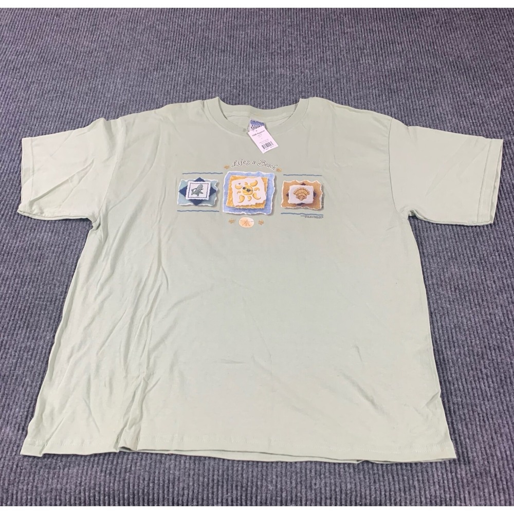 Gildan T Shirt Mens XL Green‎ Cotton Life Is A Beach Short Sleeve Deadstock Y2K